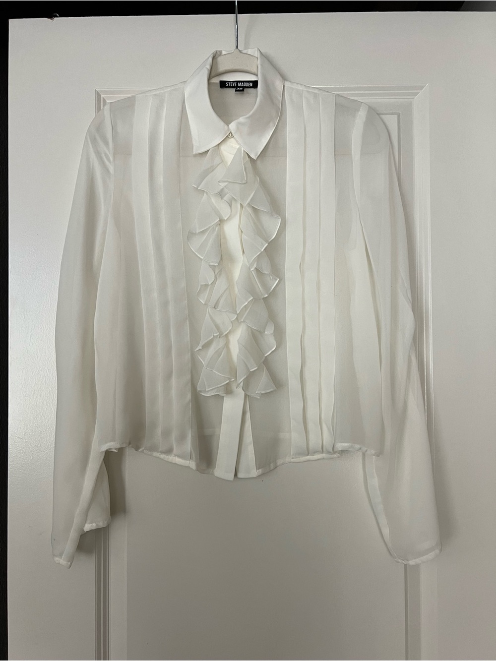 Aurora White Sheer Ruffled Collared Button-Up Top - Picture 3 of 8